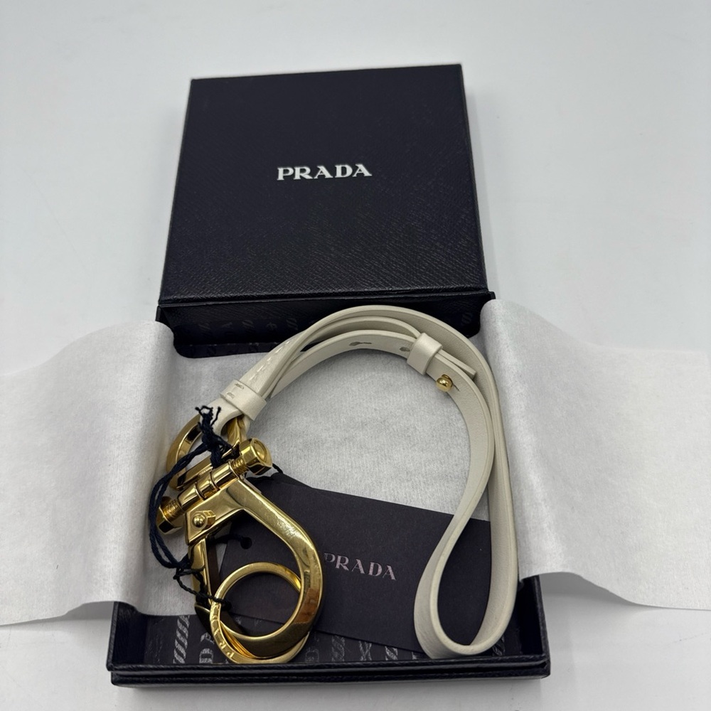 NWT PRADA BLACK LEATHER AND GOLD NECKLACE/ KEY CHAIN/ BAG CHARM